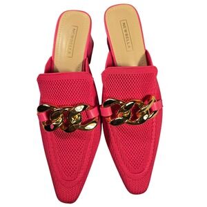 Newbella Hot Pink Knit Mules Gold Chain Link Pointed Toe Block Heel Slides 6.5